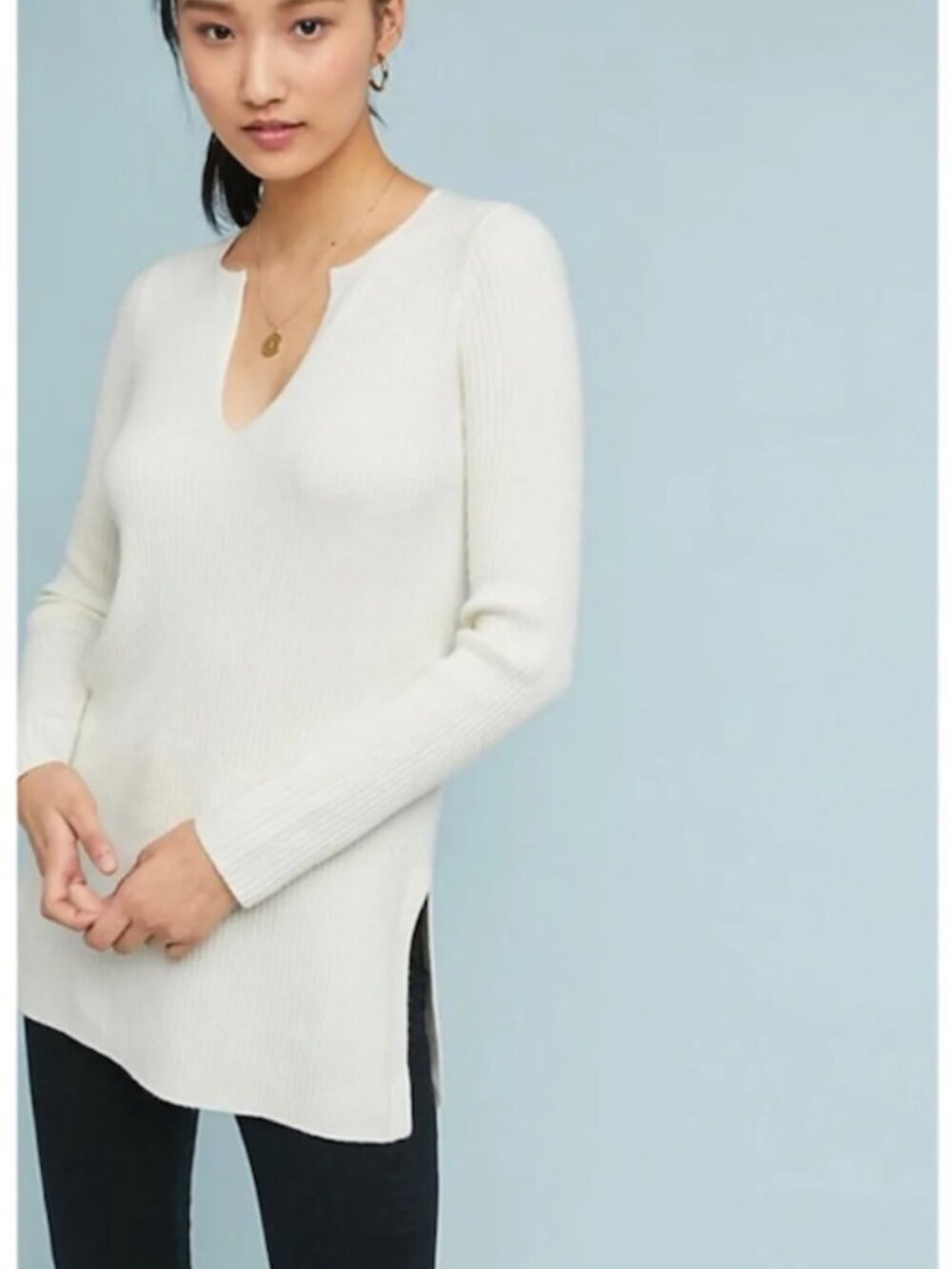 Anthropologie Ett:Twa Amrita Ribbed Knit Notch Neck Tunic Sweater Merino Wool